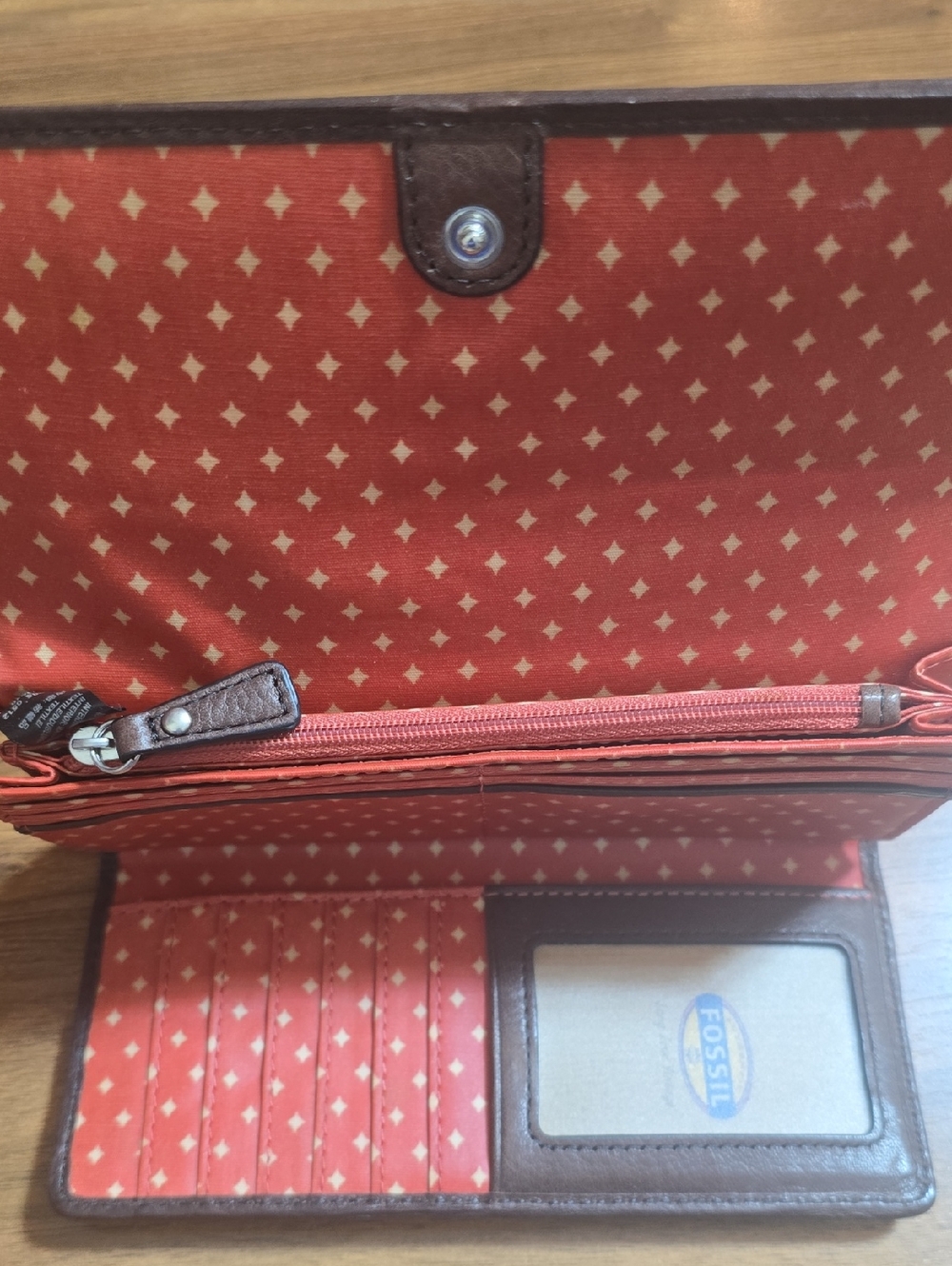 FOSSIL Wallet Tri-fold KEY-PER Coated Canvas Giraffe Print Brown Leather Trim - Picture 8 of 11
